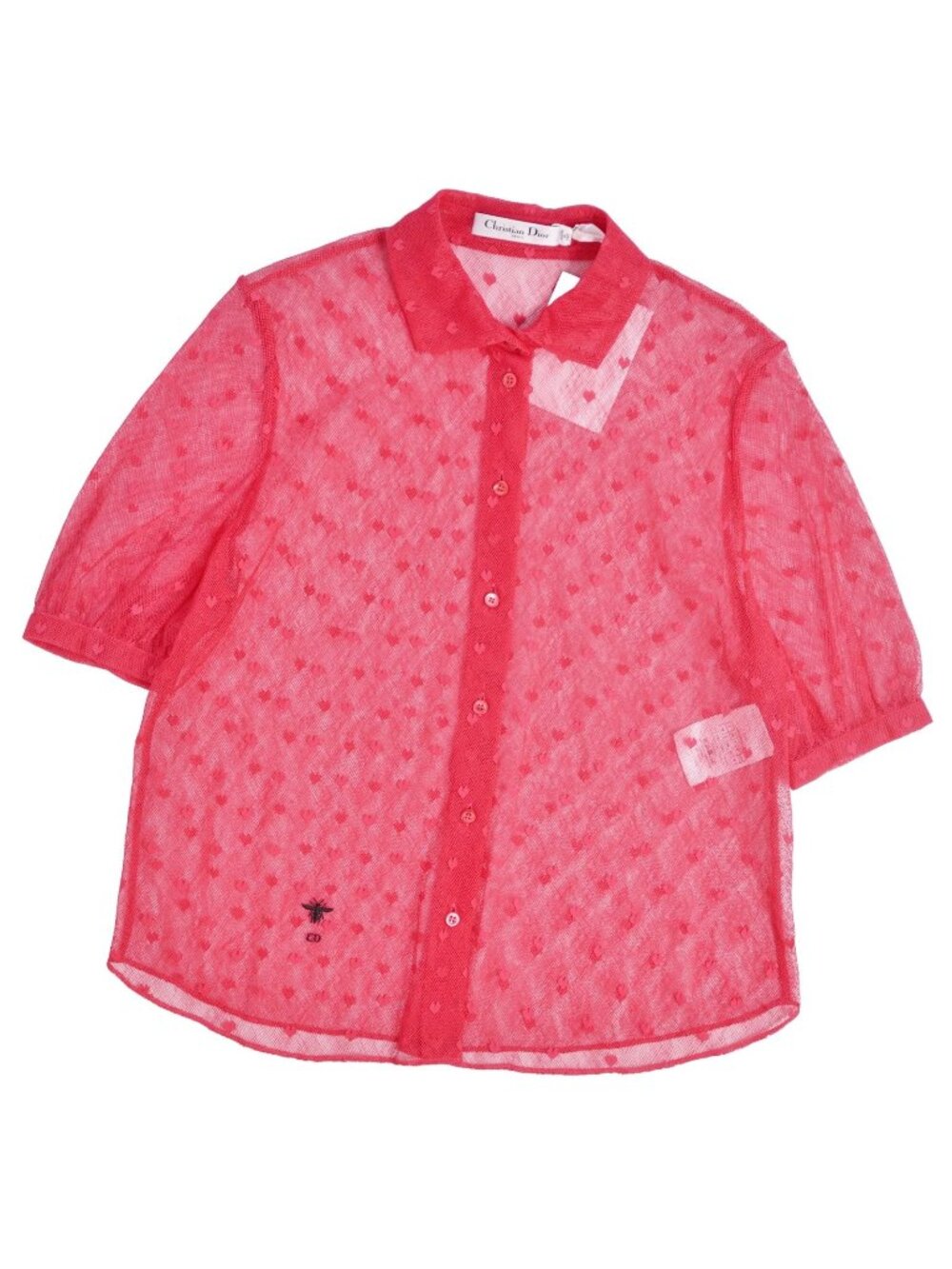 Dior Shirt Blouse Short Sleeve Heart Tulle Sheer Mesh Top Cotton Pink US 4